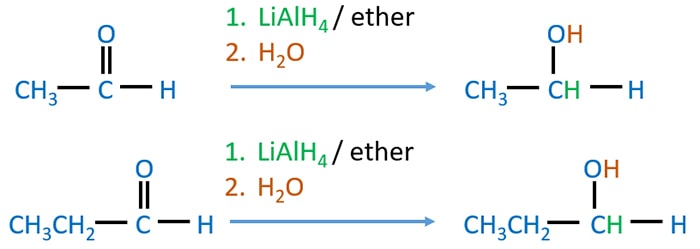 Aldehyde reduction by LiAlH4 - ethanal, propanal